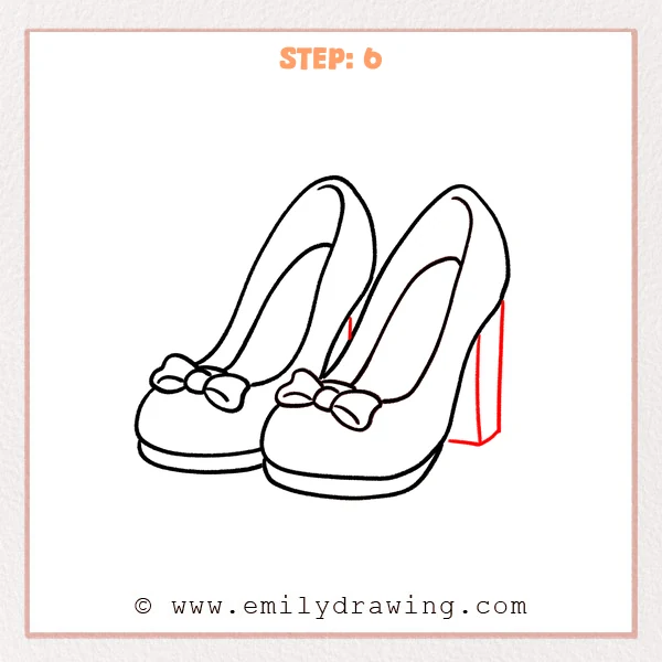 how to draw a high heels - A step-by-step guide showing how to draw high heels, adding a rectangular block heel and a small connection line to define the heel attachment.